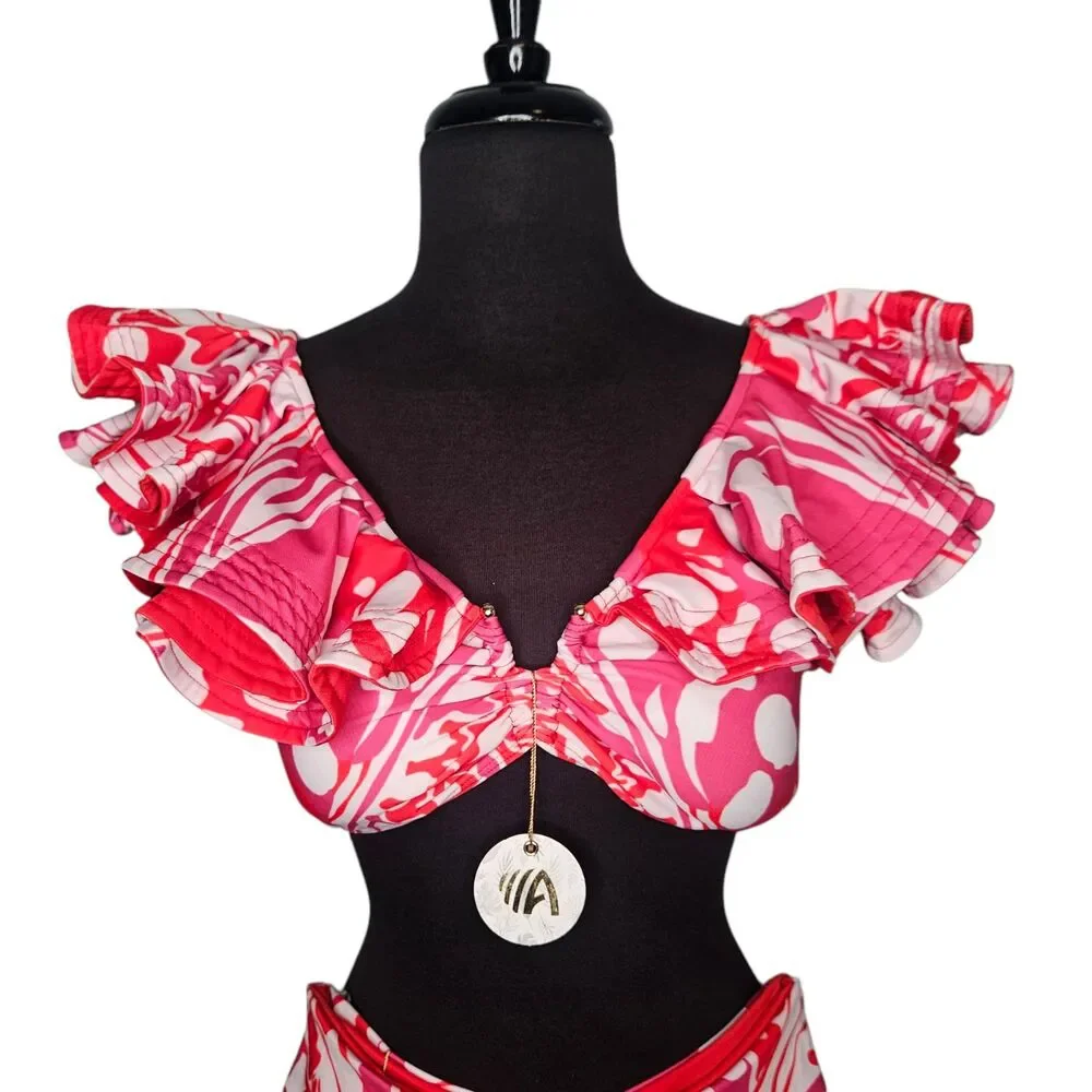ALCATRAZ Swimwear Monarca Bikini Ruffles Size 38 Top Size Large Bottom